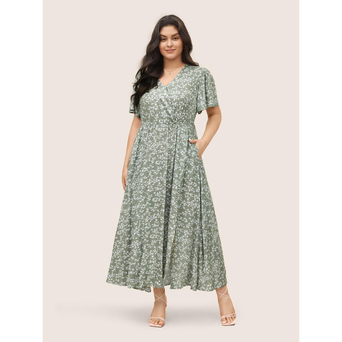 Plus Size Bloom Dress - Flutter Sleeve Ditsy Floral Pocket Split Maxi Dress LightGreen Women Romantic Slit V-neck Half Sleeve Curvy Long Dress BloomChic 10/M Product Image