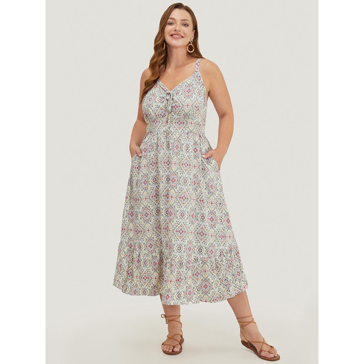 Plus Size Bandana Knotted Pocket Ruffle Hem Empire Waist Cami Dress Apricot Women Vacation Adjustable Straps V-neck Sleeveless Curvy Midi Dress BloomChic 30/6X Product Image