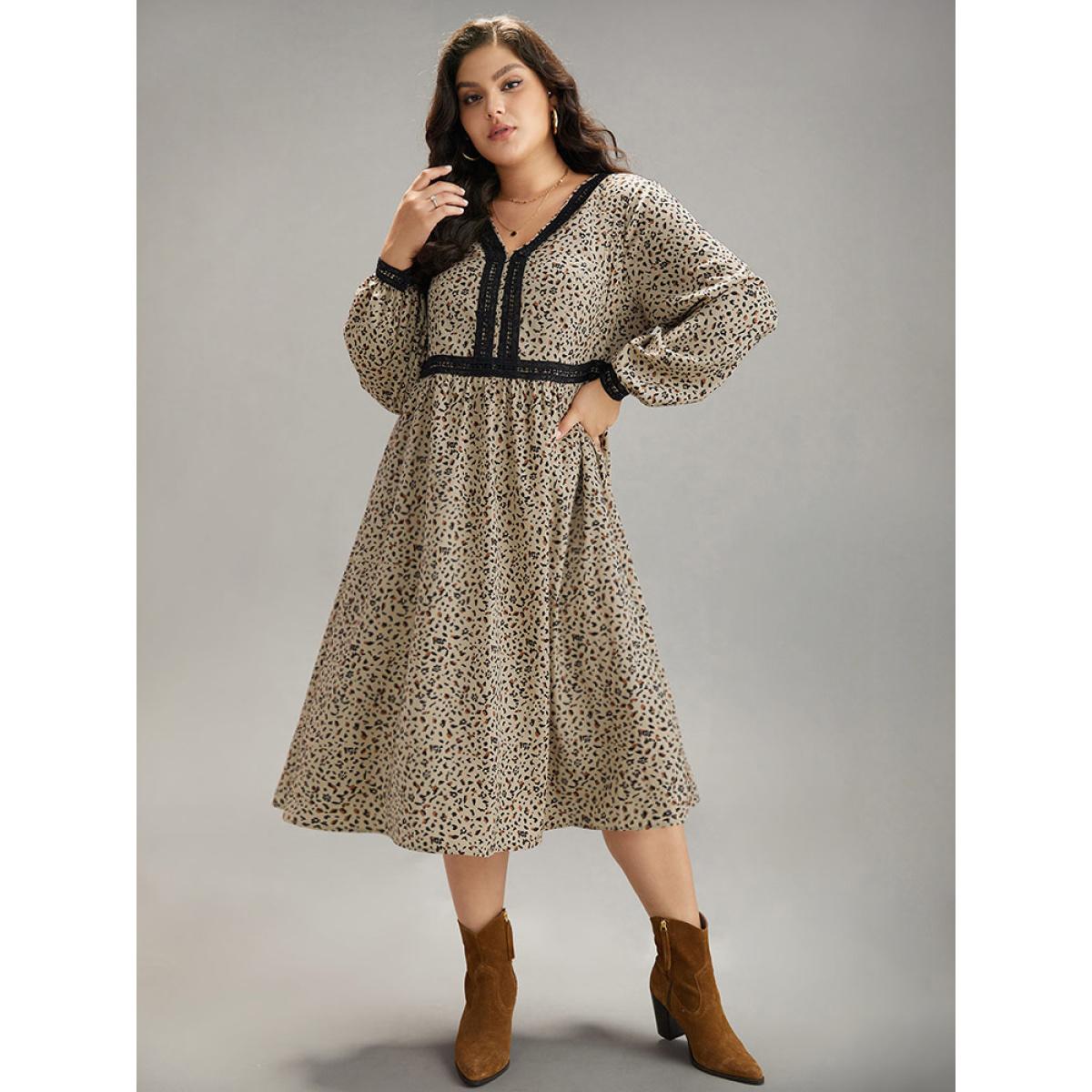 Plus Size Leopard Pocket Guipure Lace Lantern Sleeve Dress Stone Women Vacation Elastic cuffs V-neck Long Sleeve Curvy Midi Dress BloomChic 30/6X Product Image