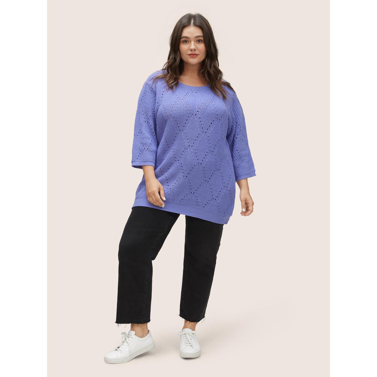 Plus Size Cotton Blended Geometric Hollow Out Pullover BlueViolet Women Casual Elbow-length sleeve Round Neck Everyday Pullovers BloomChic 30/6X Product Image