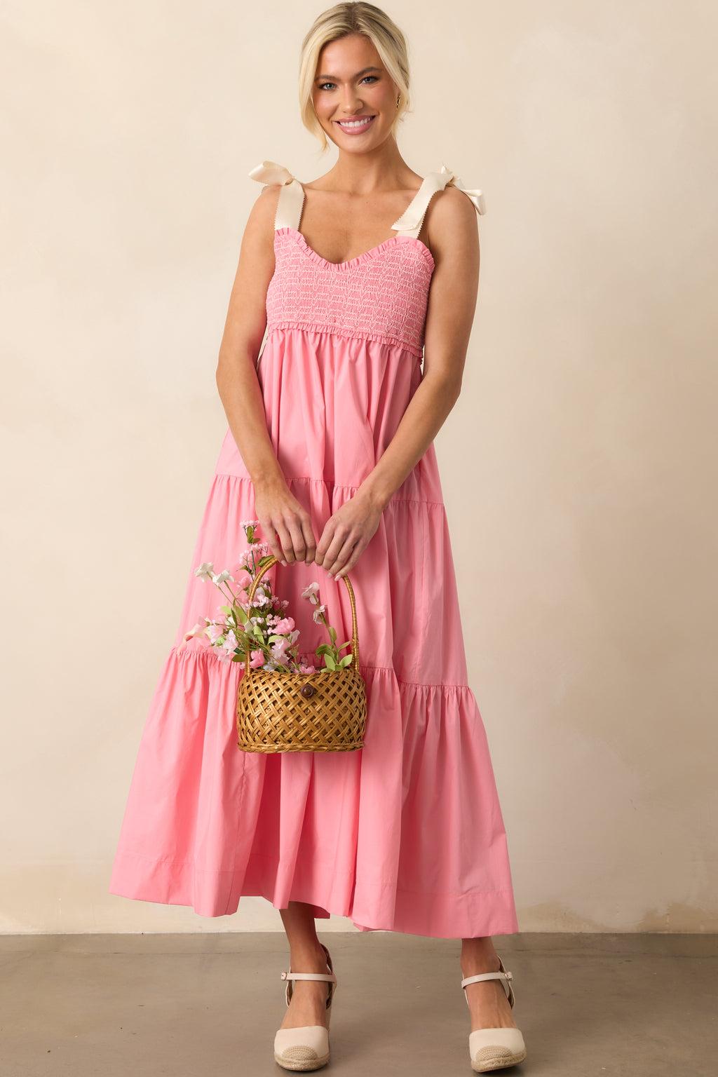 The Felicity Pink Coral Cotton Midi Dress Product Image