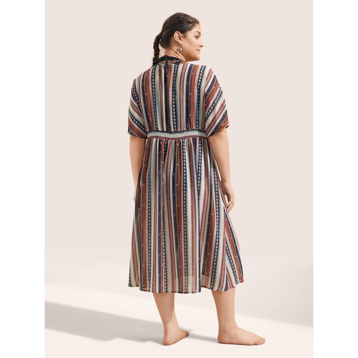 Plus Size Bandana Striped Ties Shirred Elastic Waist Kimono Women DarkBlue Resort Non Vacation Kimonos BloomChic 26/4X Product Image