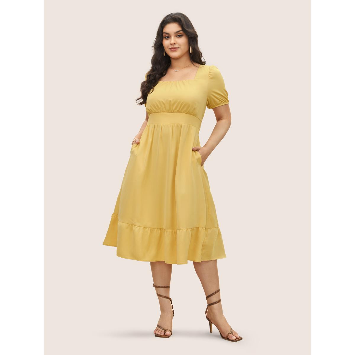 Plus Size Square Neck Gathered Lantern Sleeve Dress Yellow Women Elegant Non Square Neck Short sleeve Curvy Midi Dress BloomChic 14-16/1X Product Image