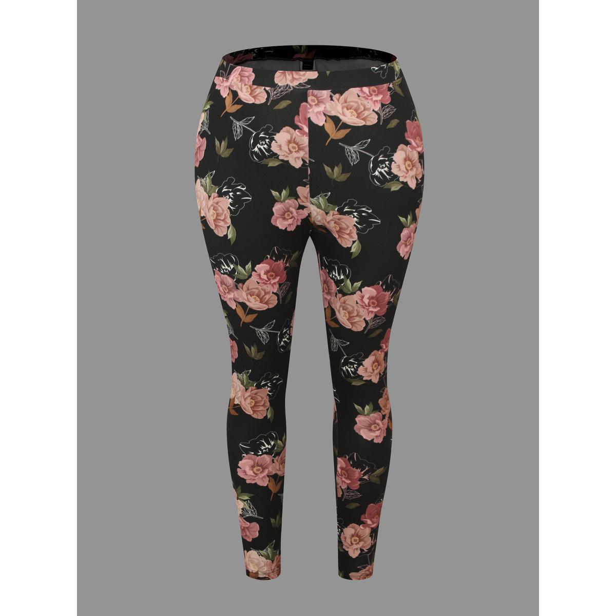 Plus Size Floral Mid Rise Skinny Leggings Women BlackFlower Elegant Medium stretch Skinny Mid Rise Everyday Leggings BloomChic 14-16/1X Product Image
