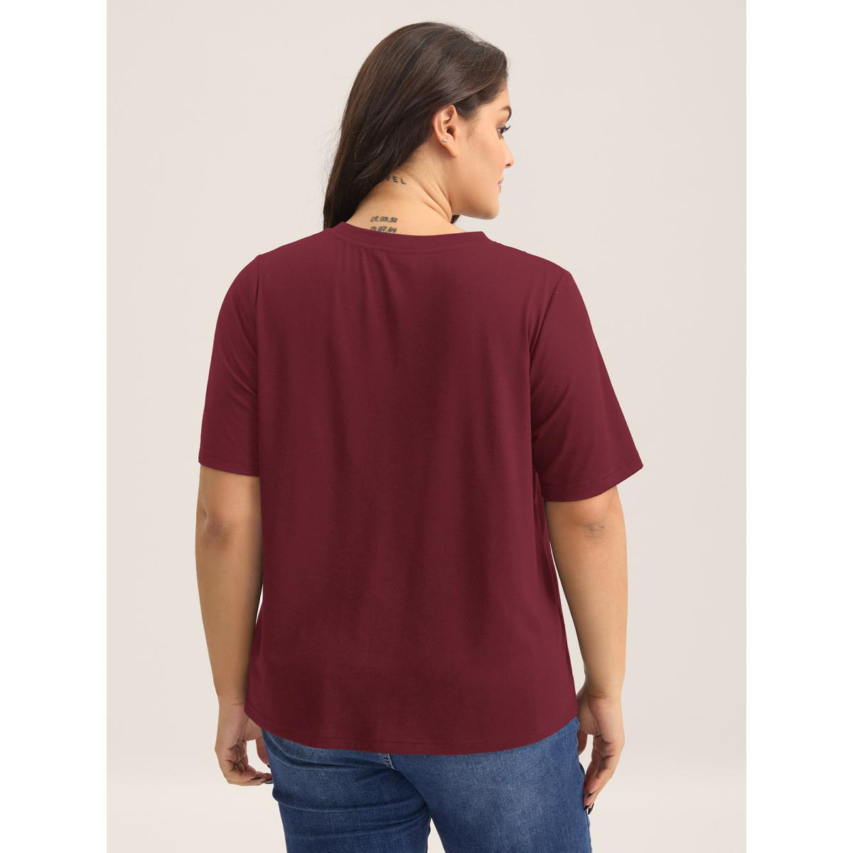 Plus Size Sheer Neck Solid Panel T-Shirt Burgundy Women Woven ribbon&lace trim Round Neck Everyday-Casual T-shirts BloomChic 28/5X Product Image