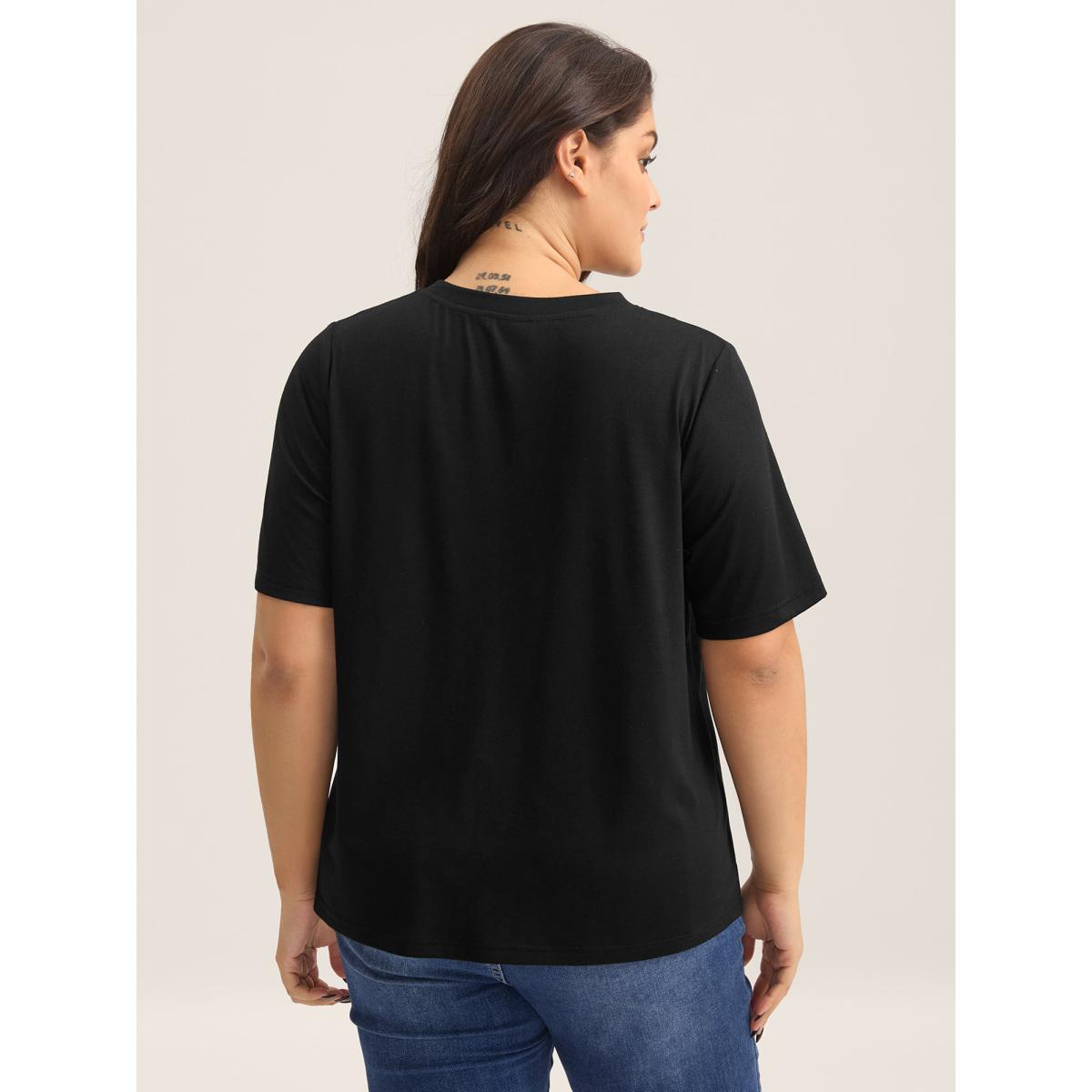 Plus Size Sheer Neck Solid Panel T-Shirt Black Women Leisure Woven ribbon&lace trim Round Neck Casual T-shirts BloomChic 28/5X Product Image