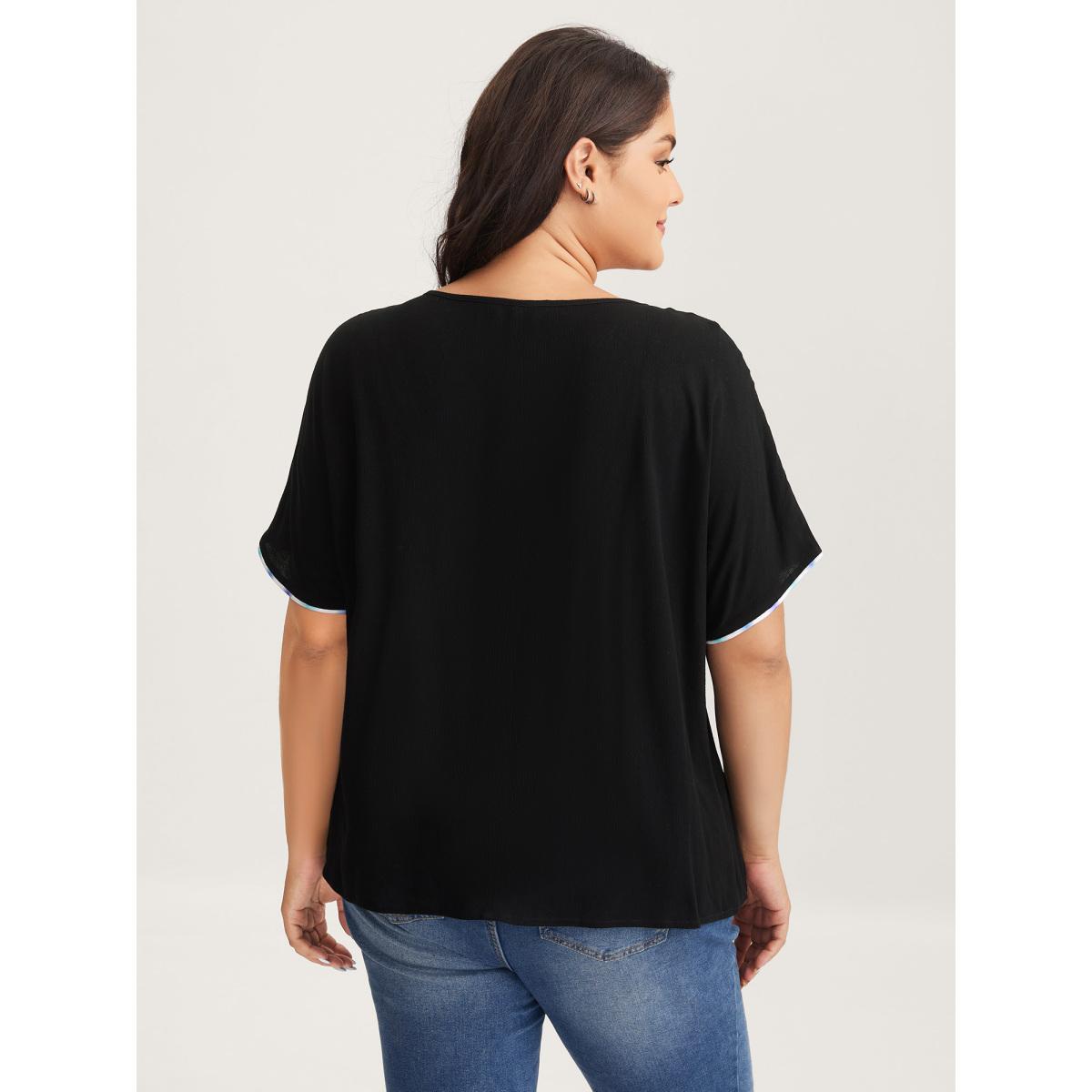 Plus Size Black Textured Color Contrast Tassels Blouse Women Short sleeve Flat collar with V-notch Everyday-Casual Blouses BloomChic 18-20/2X Product Image