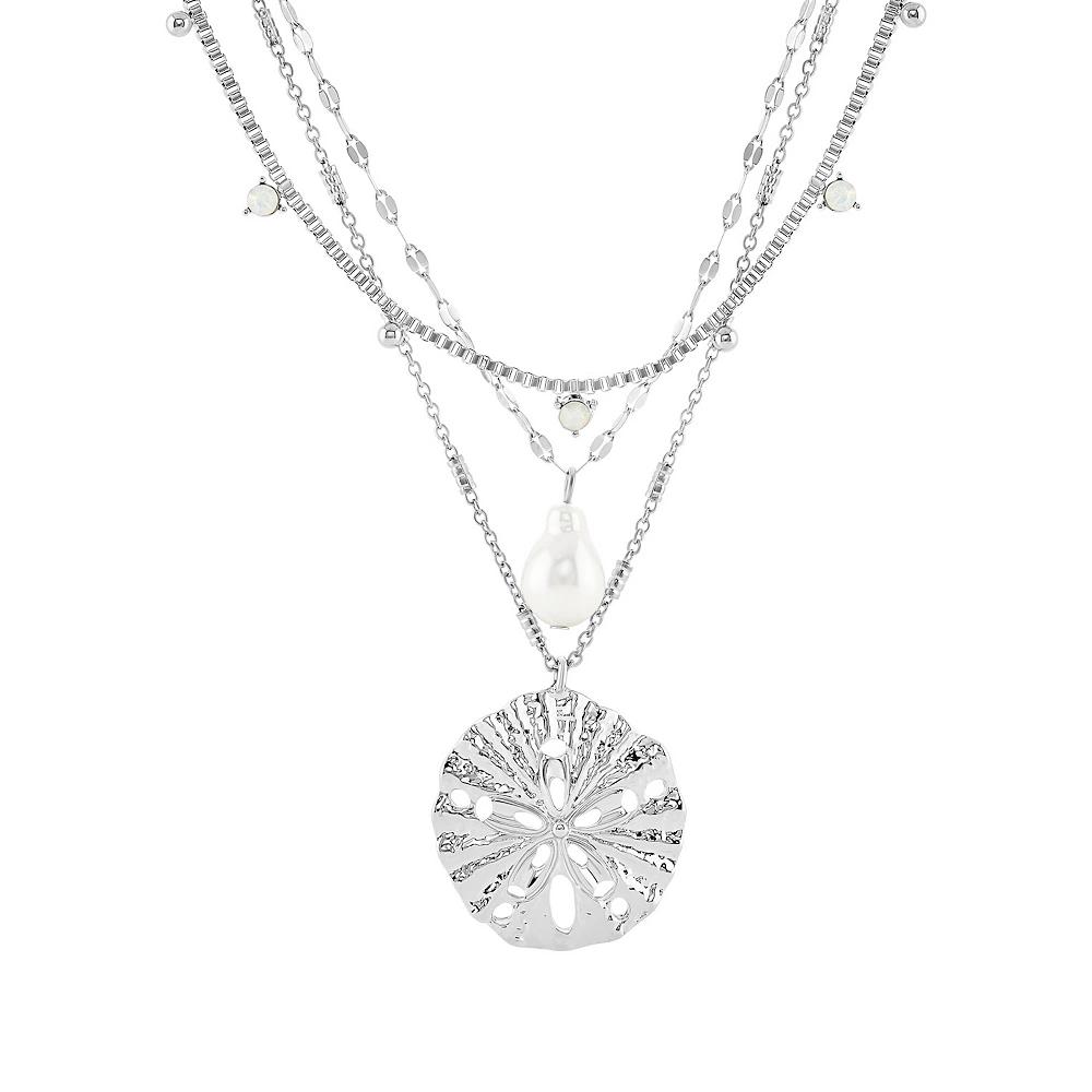 Emberly Silver Tone 3-Piece Glass Stone, Simulated Pearl Butterfly Charm & Cable Chain Sand Dollar Charm Necklace Set, Women's, White Product Image