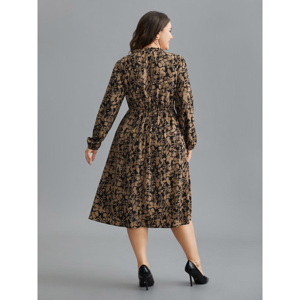 Plus Size Floral Mock Neck Ruffles Pleated Waist Dress Black Women Elegant Frill Trim Mock Neck Long Sleeve Curvy BloomChic 10/M Product Image