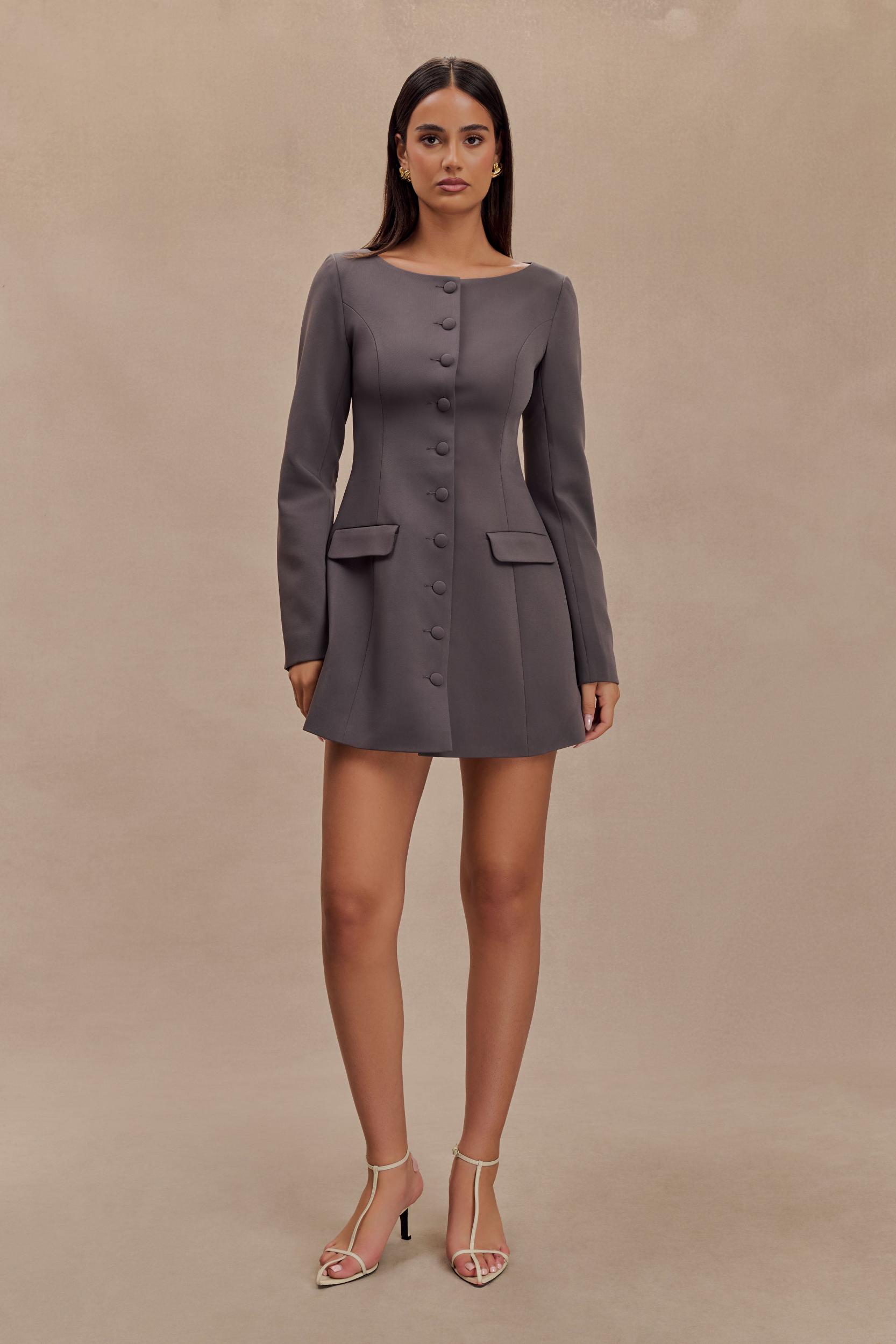 Jolie Boat Neck Suiting Mini Dress - Charcoal Grey Product Image