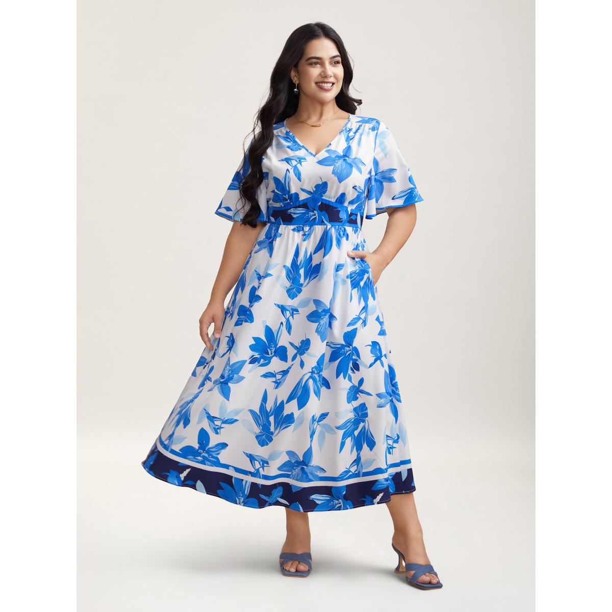 Plus Size Positioned Floral Waist-Cinched Midi Dress DarkBlue Women Elegant Gathered V-neck Half Sleeve Curvy BloomChic 22-24/3X Product Image