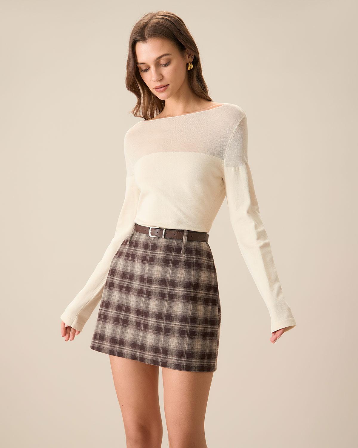 Brown Plaid Straight Mini Skirt Product Image