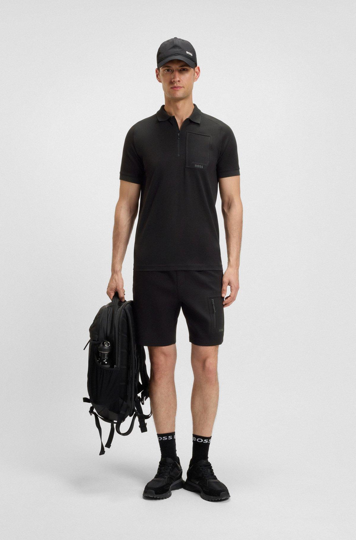 BOSS - Zip-neck polo shirt in moisture-wicking stretch cotton - Black Product Image