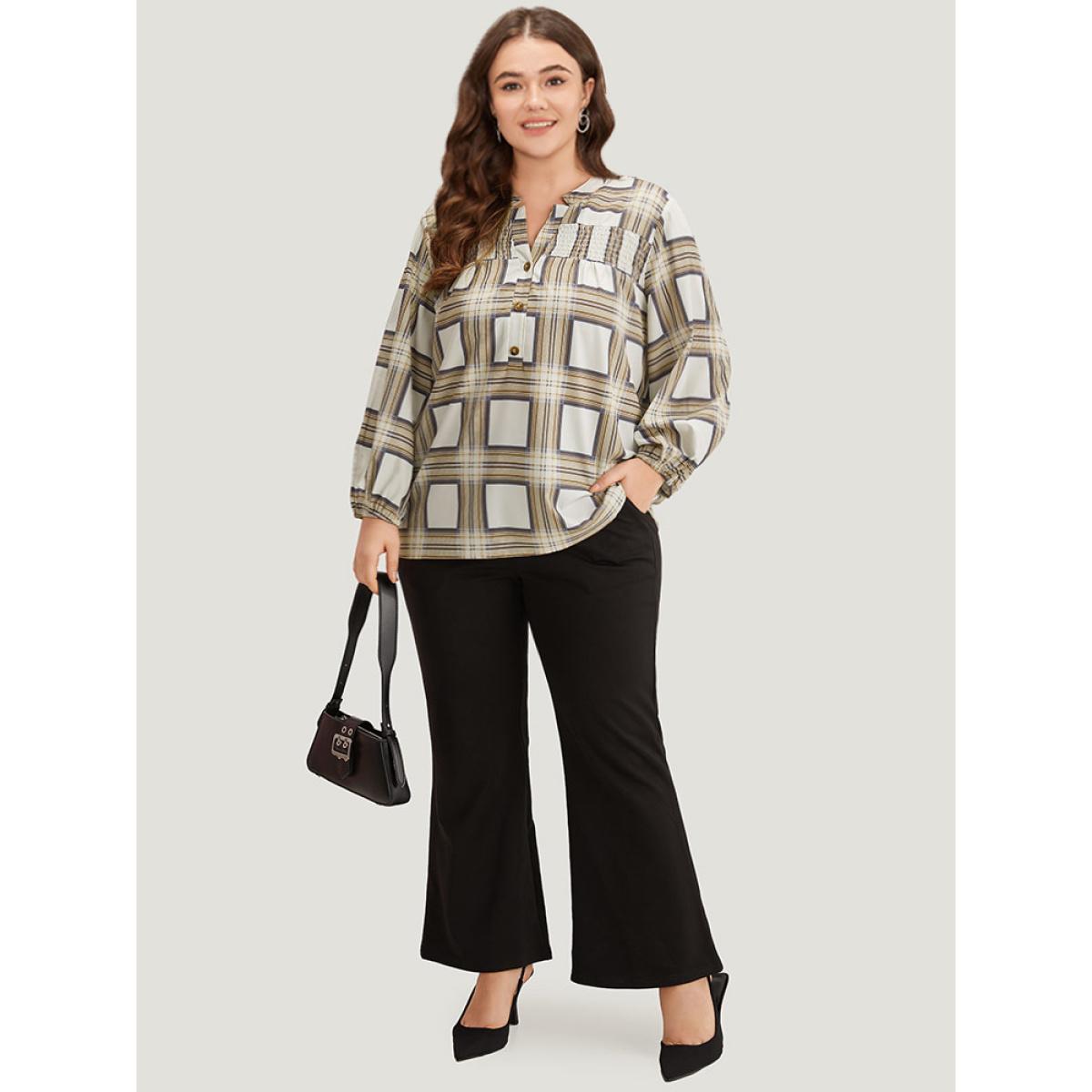 Plus Size Tan Plaid Shirred Notched Button Up Blouse Women Work From Home Long Sleeve V-neck Office Blouses BloomChic 28/5X Product Image