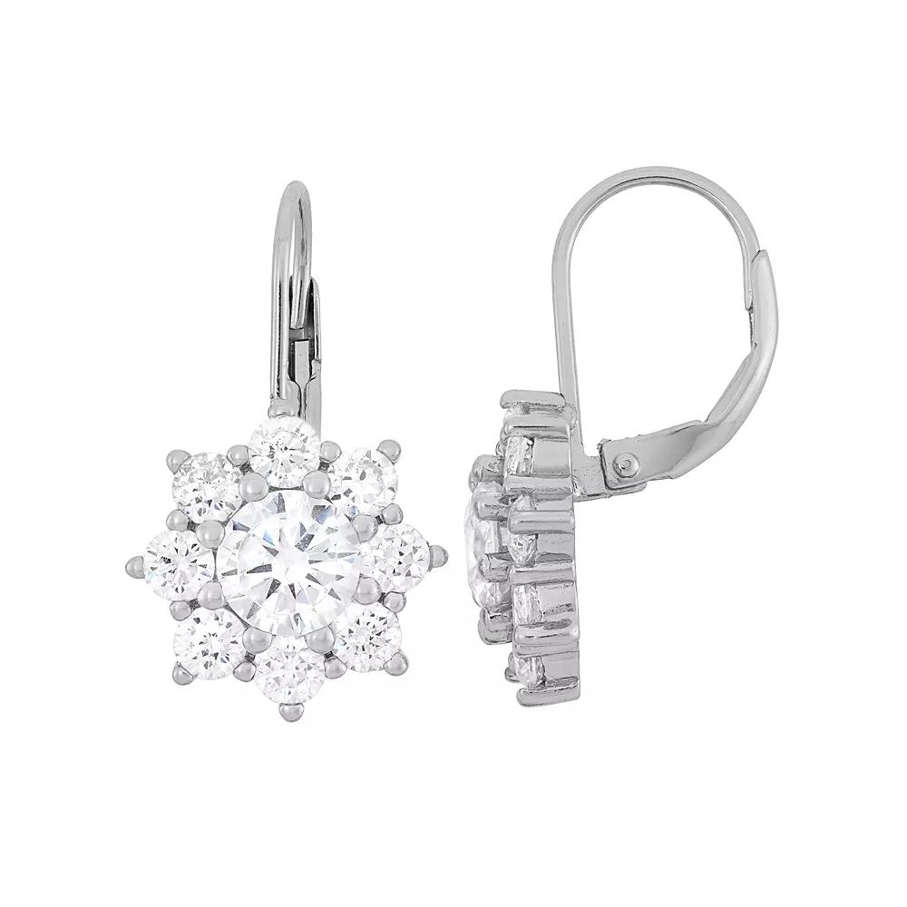 Cubic Zirconia Sterling Silver Flower Drop Earrings, Women's, White Product Image