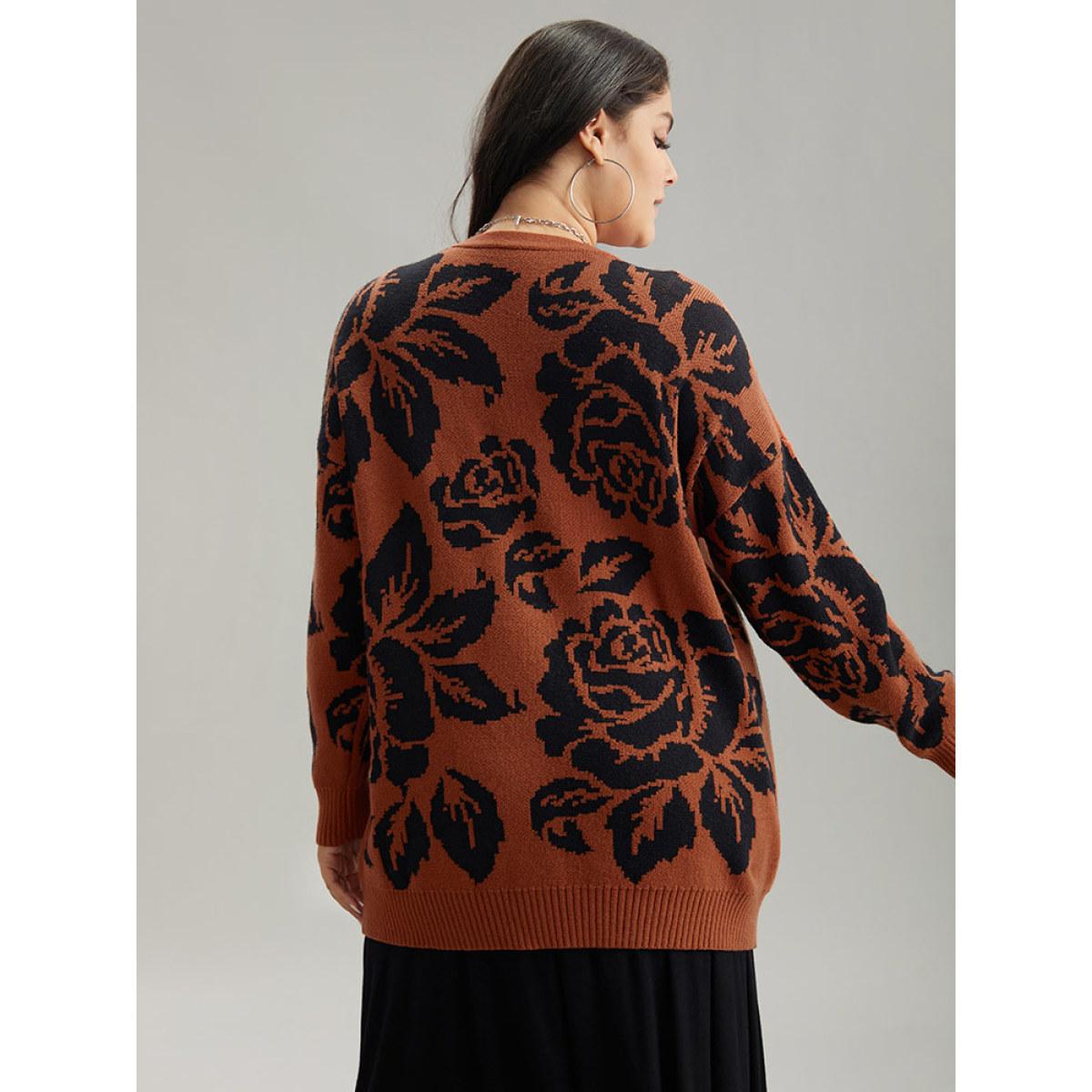 Plus Size Supersoft Essentials Silhouette Floral Print Button Fly Cardigan Chocolate Women Casual Loose Long Sleeve Dailywear Cardigans BloomChic 14-16/1X Product Image