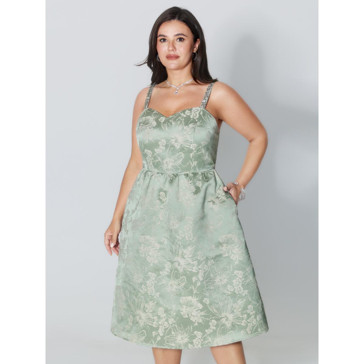 Plus Size Floral Print Rhinestone Embellished Textured Midi Dress Greenbean Women Formal Heart neckline Sleeveless Curvy BloomChic 28/5X Product Image