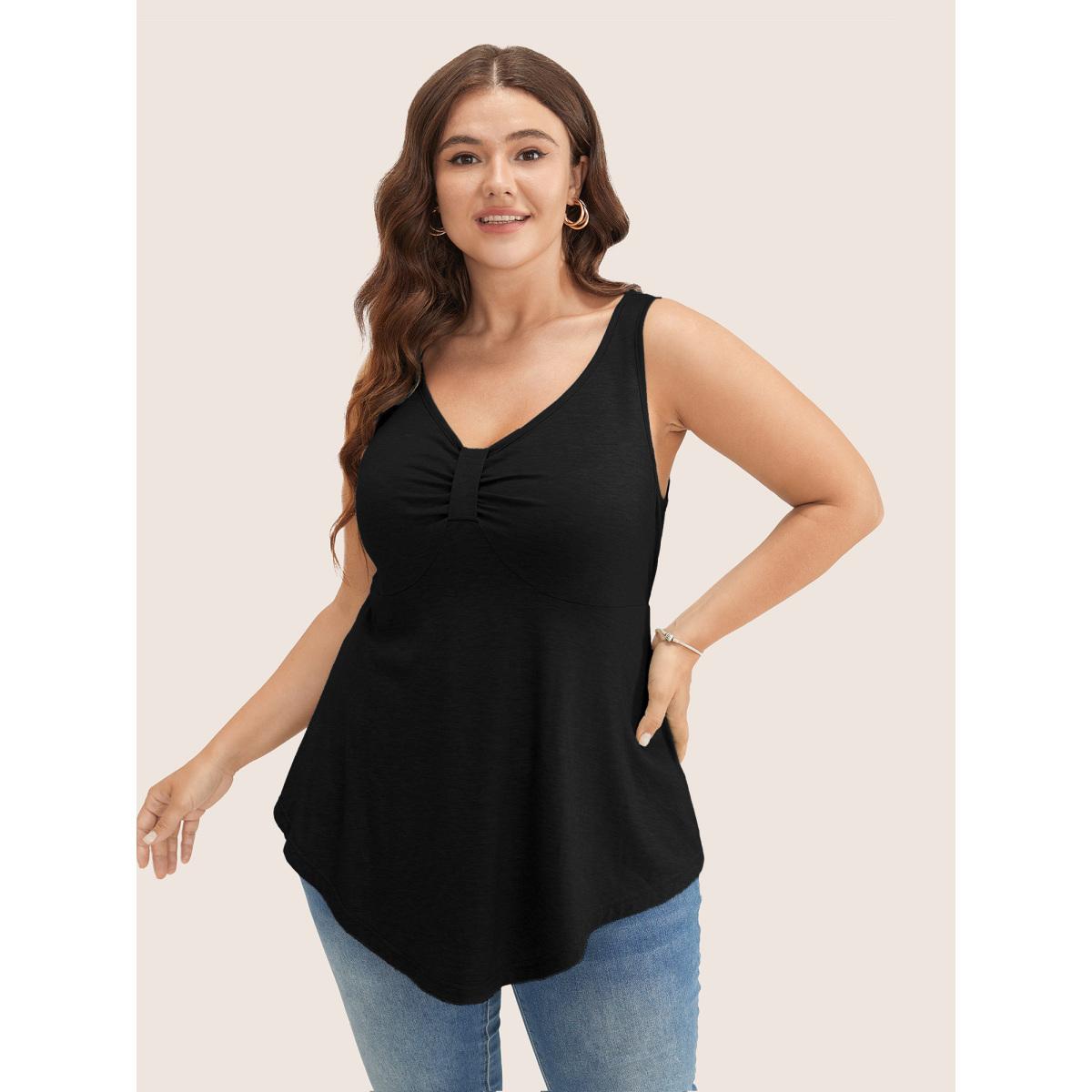 Plus Size Solid Ruched Detail Asymmetrical Hem Tank Top Women Black Timeless Gathered Heart neckline Elegant Tank Tops Camis BloomChic 18-20/2X Product Image