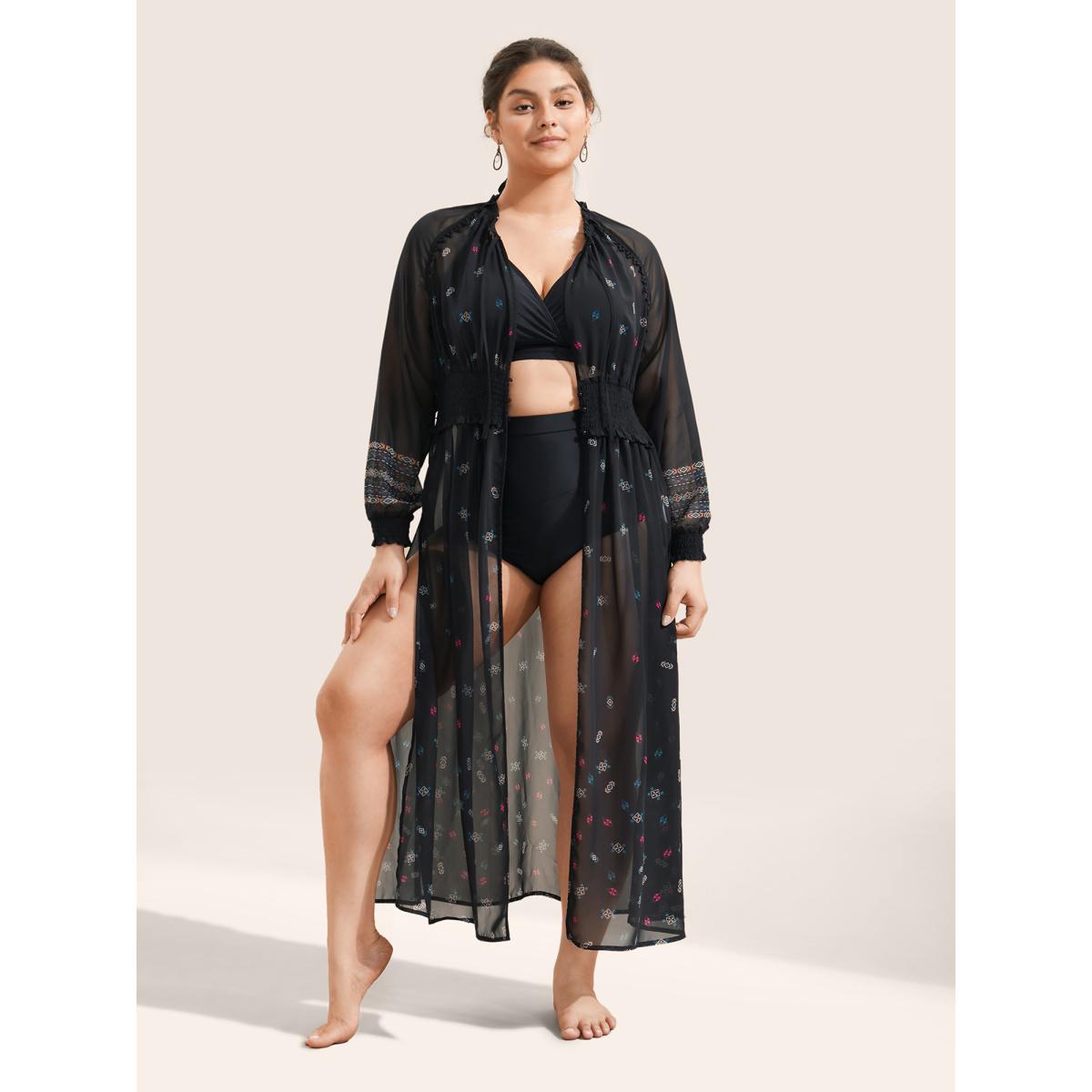 Plus Size Bandana Print Mesh Shirred Split Side Kimono Women Black Resort Shirred Vacation Kimonos BloomChic 18-20/2X Product Image