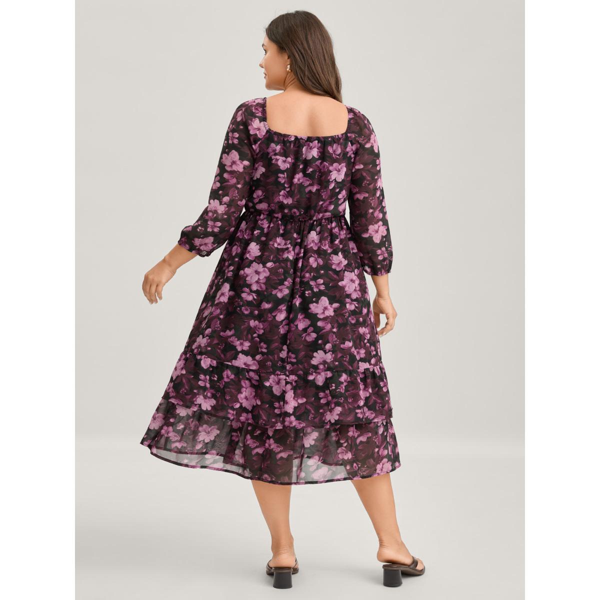 Plus Size Large Floral Print Shirred Waist Midi Dress Deeppurplered Women Romantic Shirred Heart neckline Elbow-length sleeve Curvy BloomChic 10/M Product Image