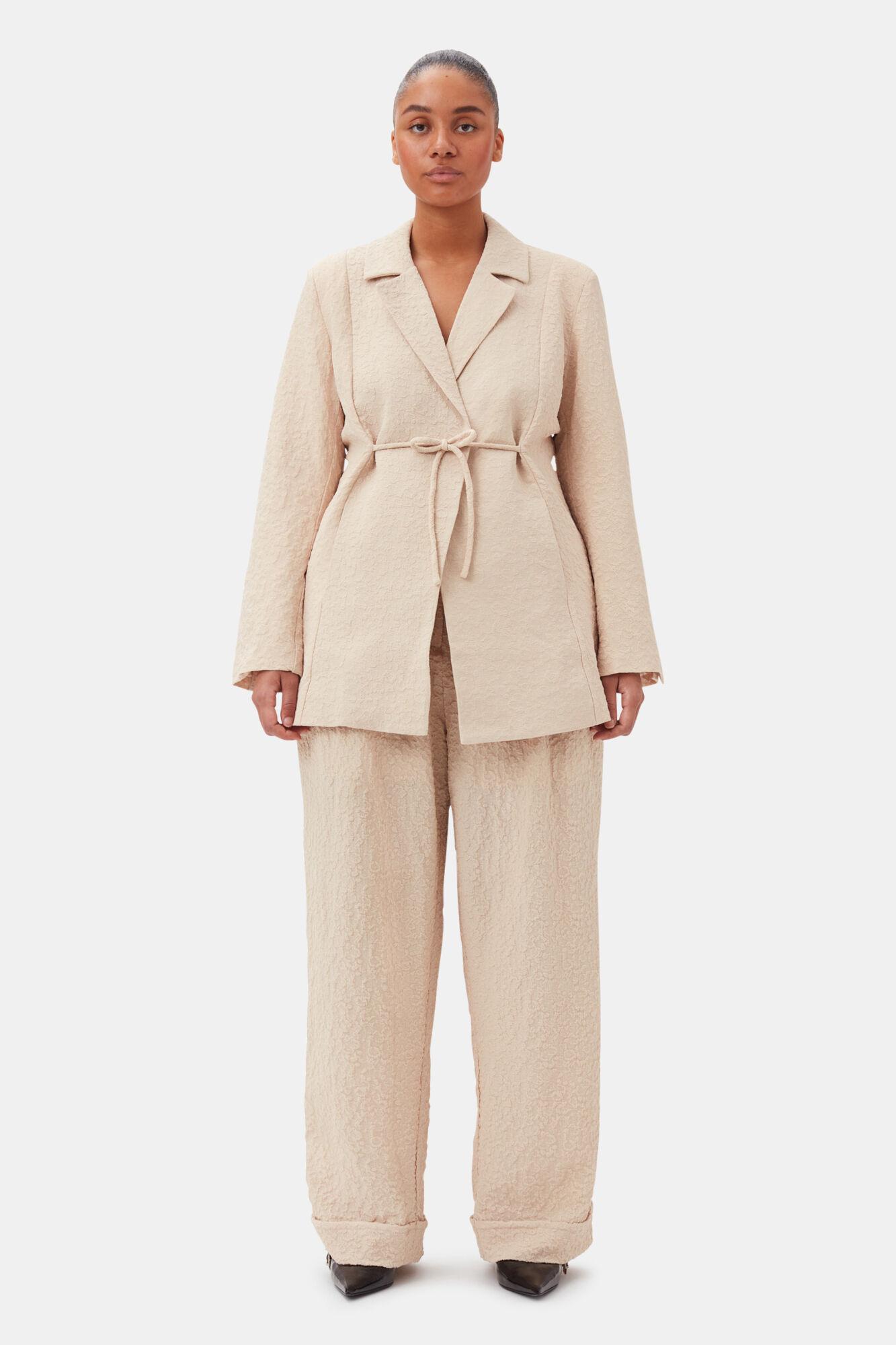 Beige Textured Suiting Mid Waist Pants Product Image