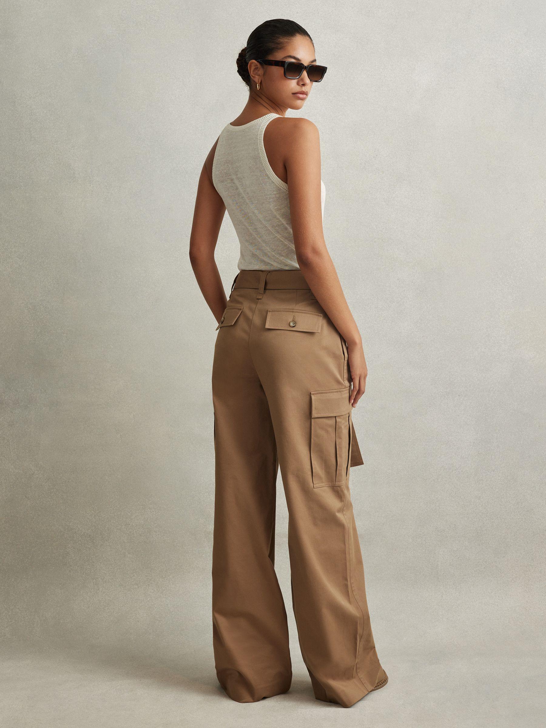 Cotton Blend Wide Leg Cargo Trousers in Camel Product Image