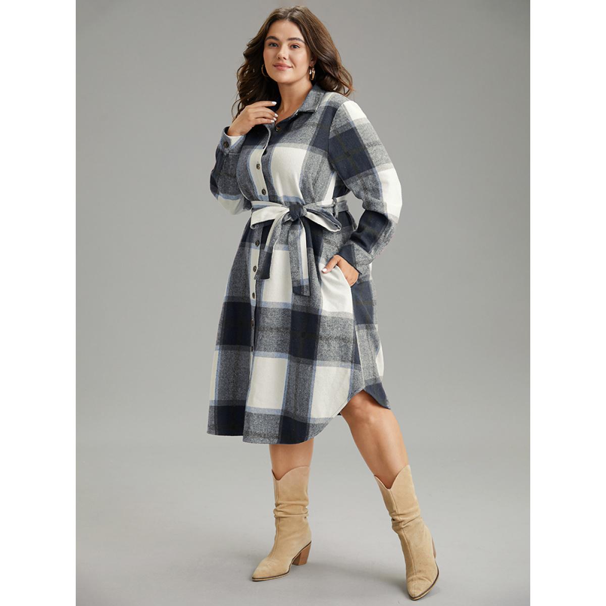 Plus Size Plaid Shirt Collar Button Through Belted Dress DarkBlue Women Casual Belted Shirt collar Long Sleeve Curvy Midi Dress BloomChic 30/6X Product Image