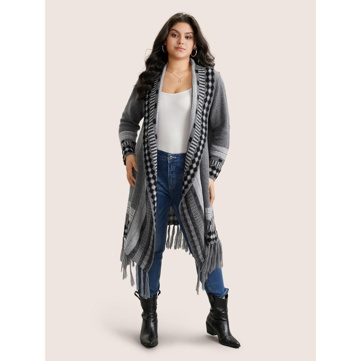 Plus Size Bandana Print Fringe Trim Maxi Cardigan Gray Women Casual Long Sleeve Everyday Cardigans BloomChic 12/L Product Image
