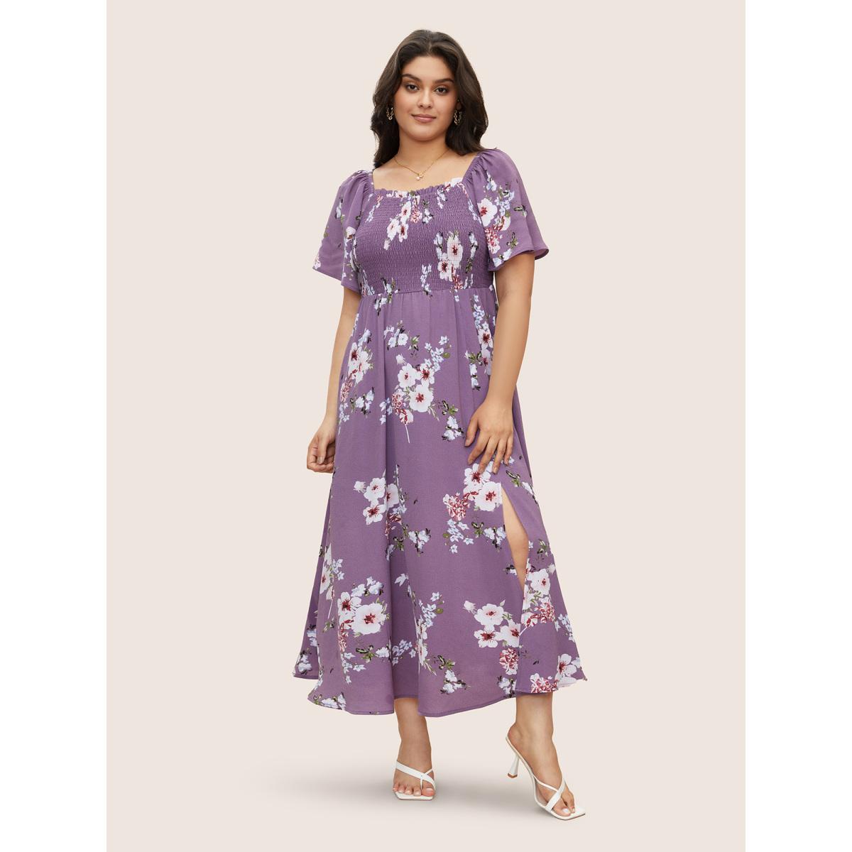 Plus Size Floral Square Neck Ruffles Pocket Shirred Split Dress Mauve Women Romantic Non Square Neck Short sleeve Curvy BloomChic 12/L Product Image