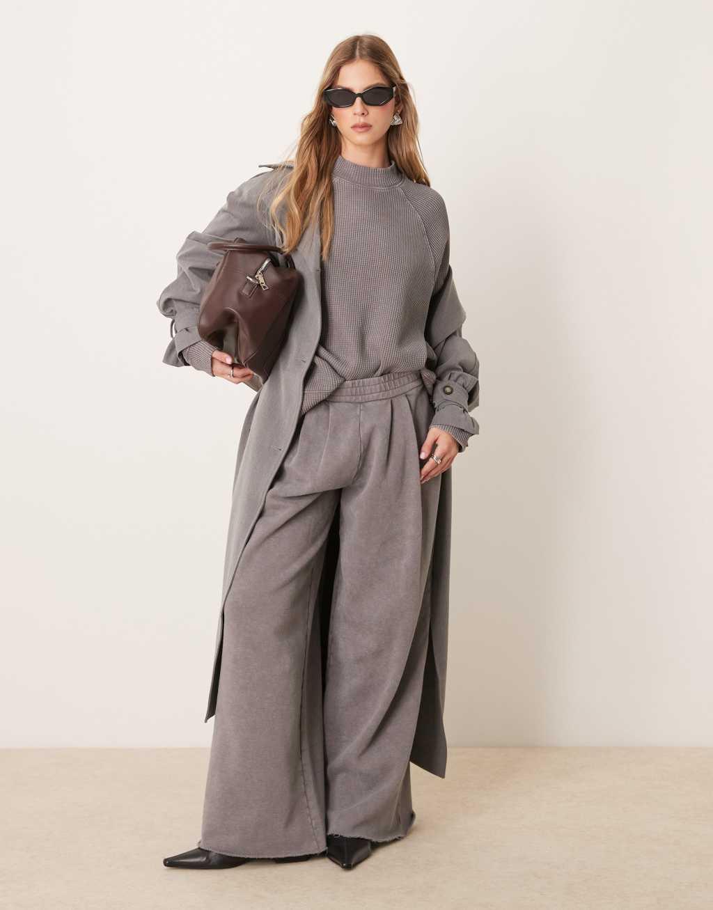 ASOS DESIGN heavyweight raglan high neck long sleeve waffle top in washed gray Product Image