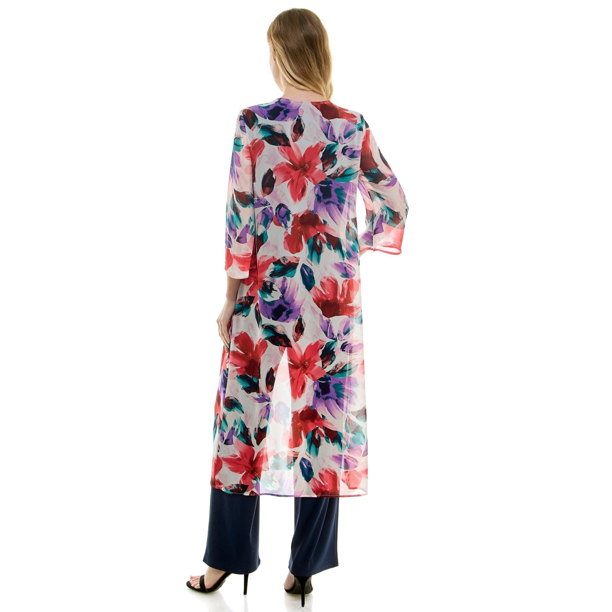 Sara Michelle Floral 3/4 2Fer Duster W/ Necklace And Elastic Pull On Pant Product Image