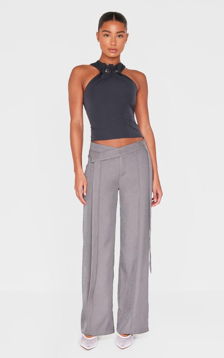  Charcoal Buckle Neck Detail Woven Long Top Product Image