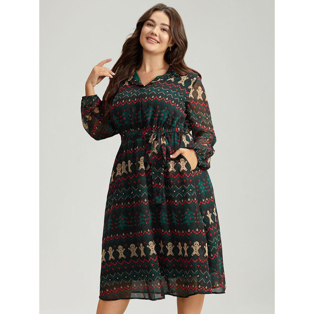 Plus Size Christmas Button Through Belted Mesh Patchwork Dress Cyan Women Office Elastic cuffs Shirt collar Long Sleeve Curvy Midi Dress BloomChic 18-20/2X Product Image