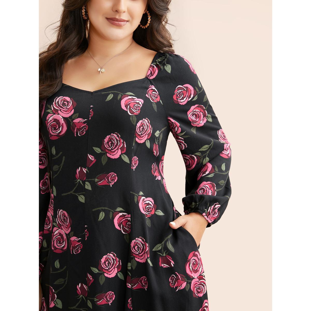 Plus Size Floral Heart Neckline Cross Straps Dress Black Women Elegant Cross straps Heart neckline Long Sleeve Curvy BloomChic 26/4X Product Image
