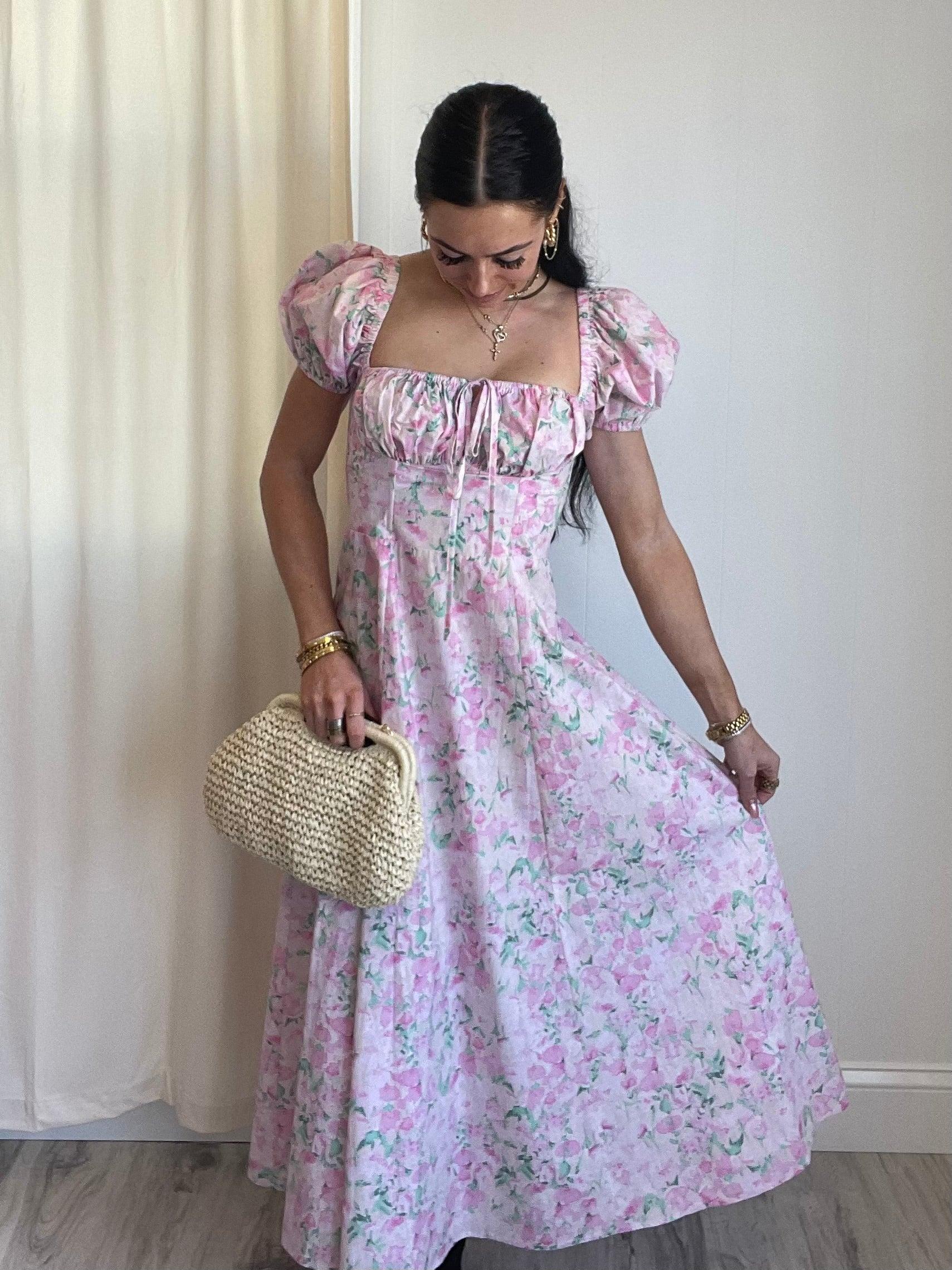 FINAL SALE Gigi Floral Puff Sleeve Midi Dress | Pink Product Image