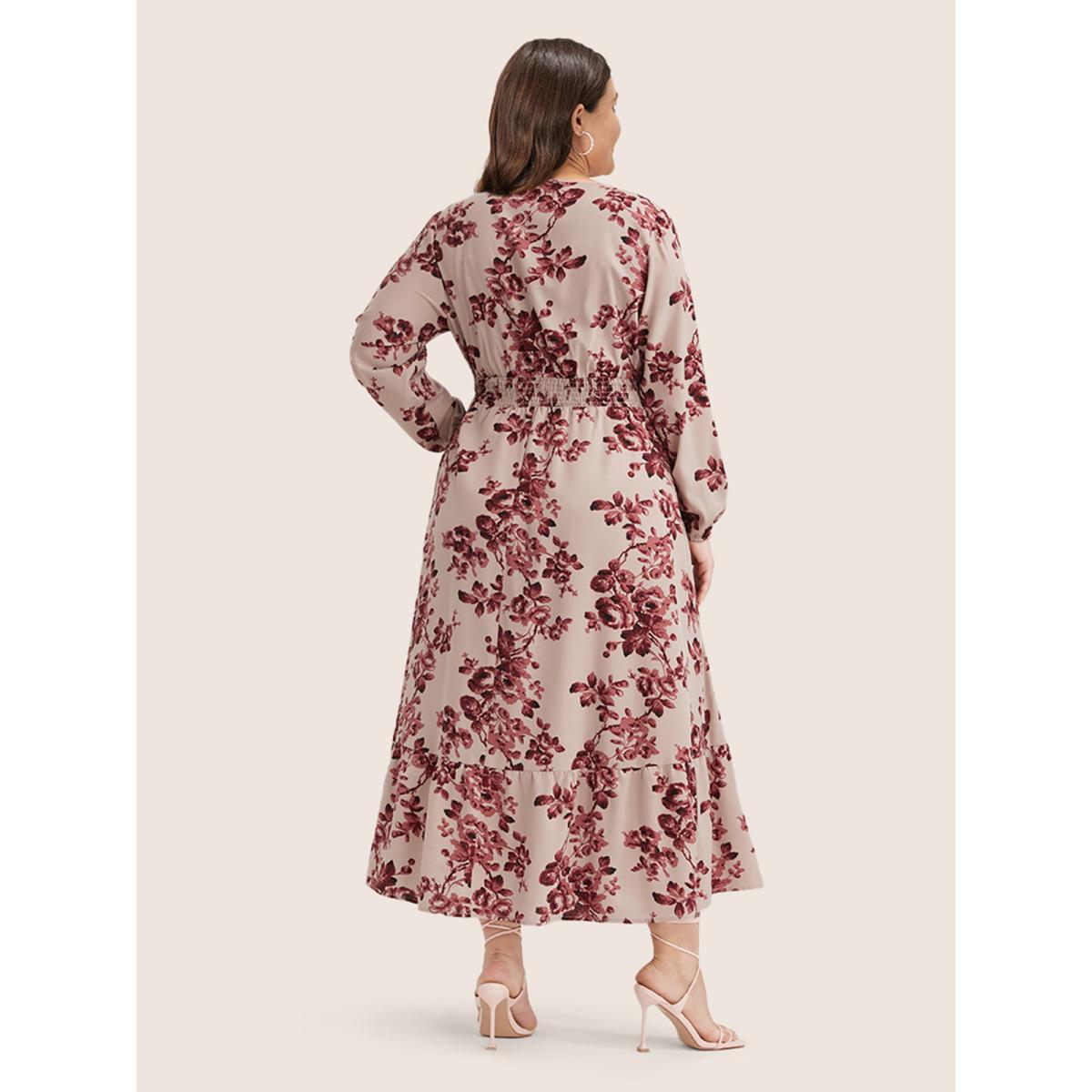 Plus Size Floral Wrap Lantern Sleeve Pocket Shirred Ruffle Hem Dress DustyPink Women Elegant Pocket V-neck Long Sleeve Curvy Midi Dress BloomChic 26/4X Product Image