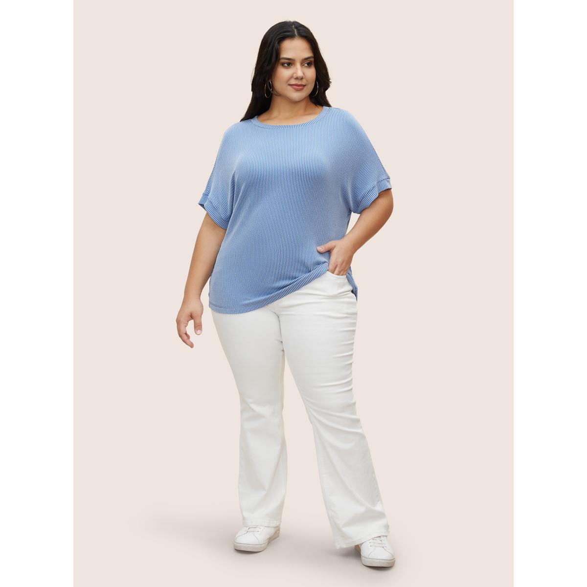 Plus Size Striped Round Neck Batwing Sleeve T-shirt Blue Women Casual Round Neck Everyday T-shirts BloomChic 12/L Product Image