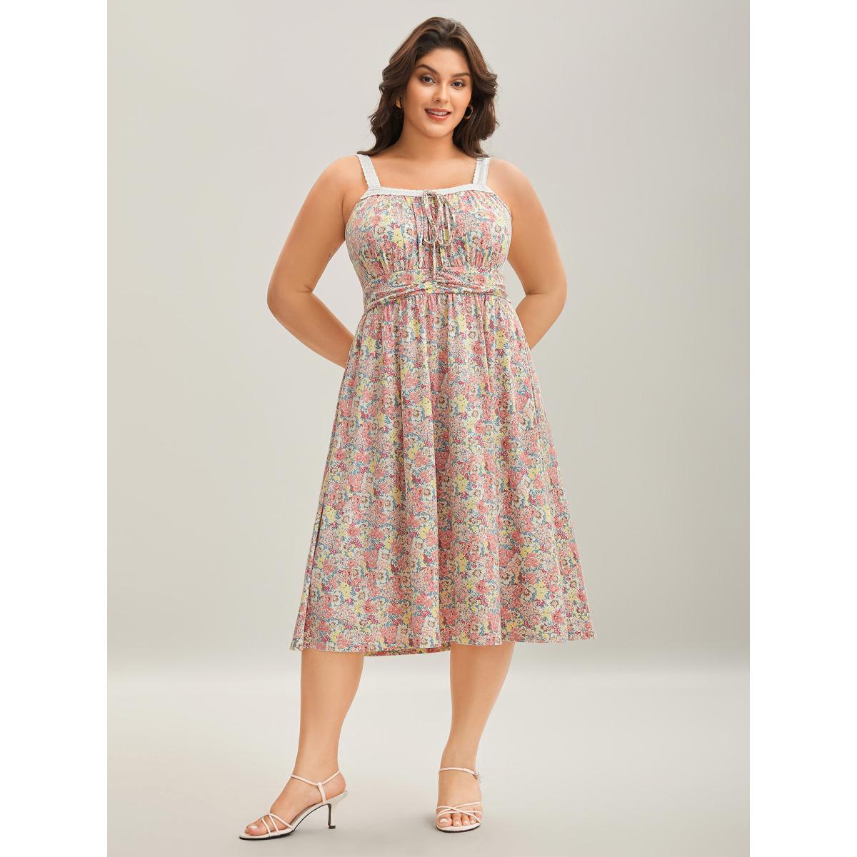 Plus Size Lace Neck Pleated Waist Pockets Midi Dress Multicolor Women Knit Dresses Bloomchic 30/6X Product Image