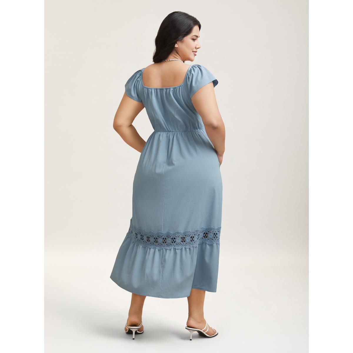 Plus Size Shirred Stretchy Waist Lace Trim Midi Dress Skyblue Women Elegant Woven ribbon&lace trim Square Neck Sleeveless Curvy BloomChic 18-20/2X Product Image