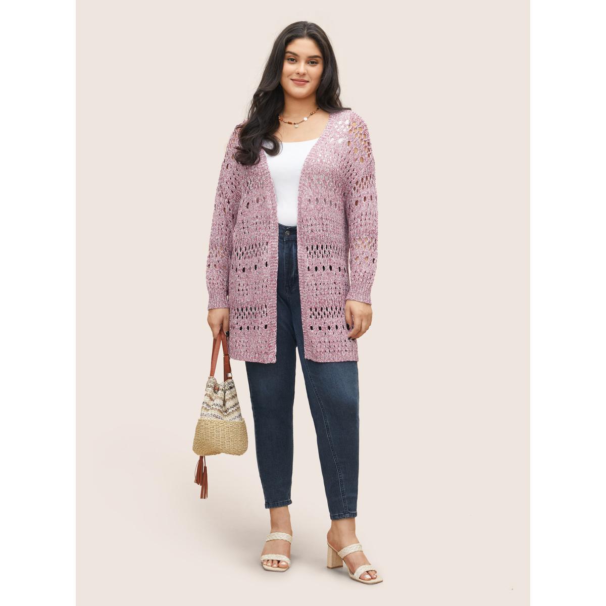 Plus Size Heather Hollow Out Drop Shoulder Cardigan Watermelon Women Casual Long Sleeve Everyday Cardigans BloomChic 12/L Product Image