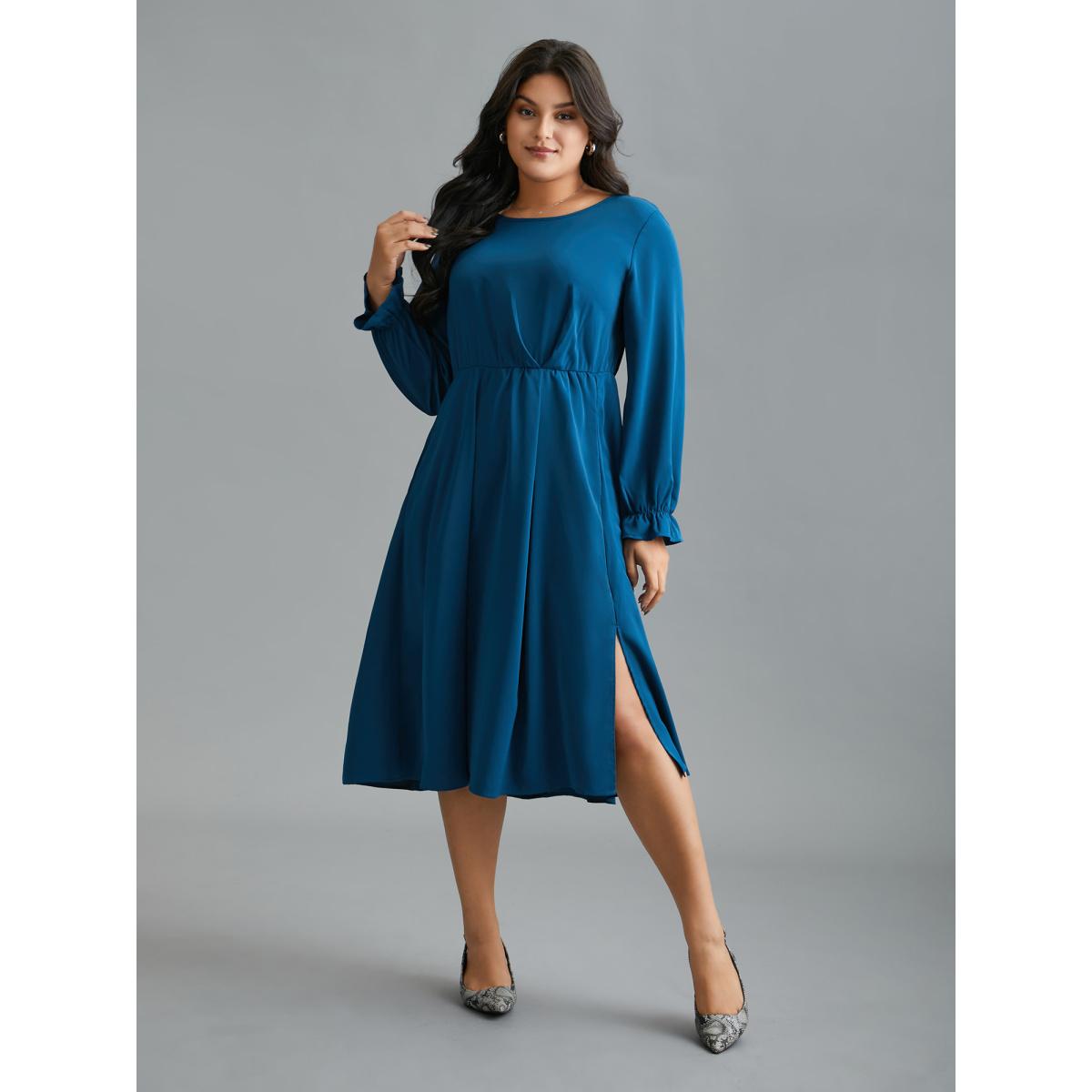 Plus Size Ruffle Cuff Elastic Waist Split Hem Dress Aegean Women At the Office Pleated Round Neck Long Sleeve Curvy BloomChic 18-20/2X Product Image