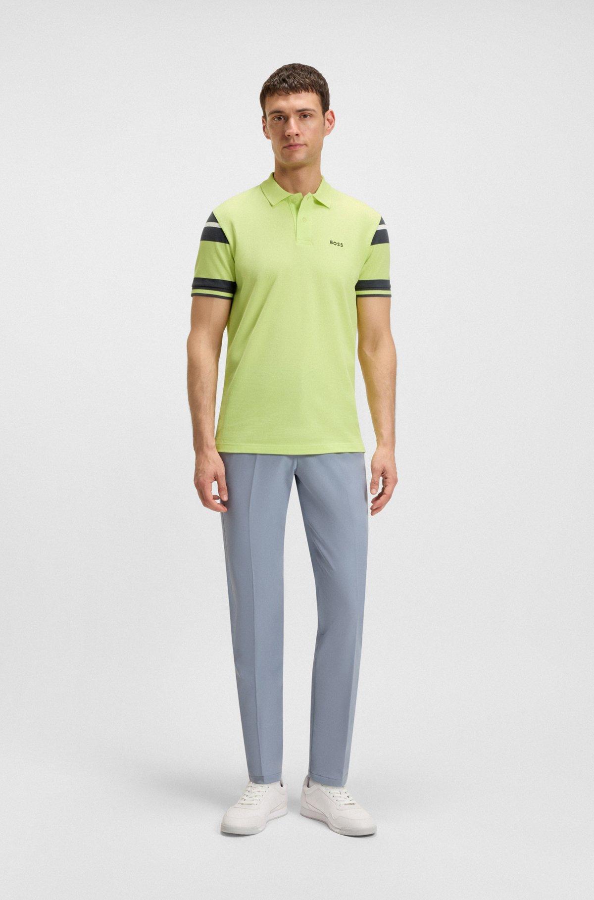 BOSS - Slim-fit polo shirt in cotton with block stripes - Light Green Product Image