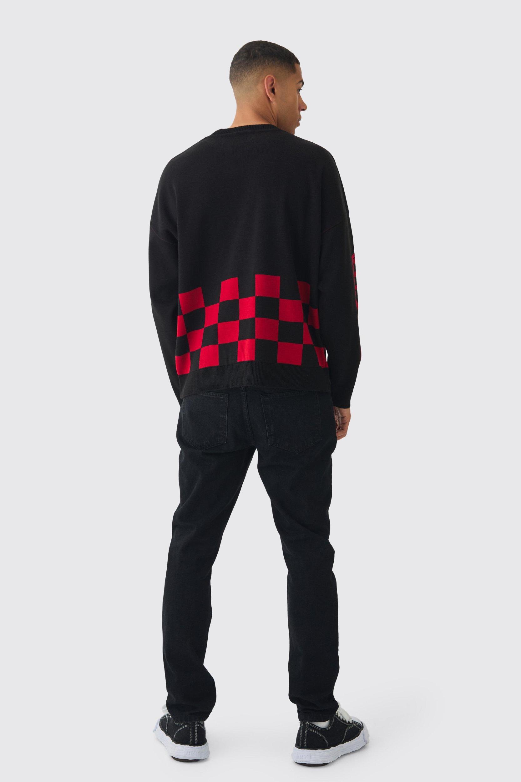 Oversized Moto Graphic Sweater in Black | boohooMAN USA Product Image
