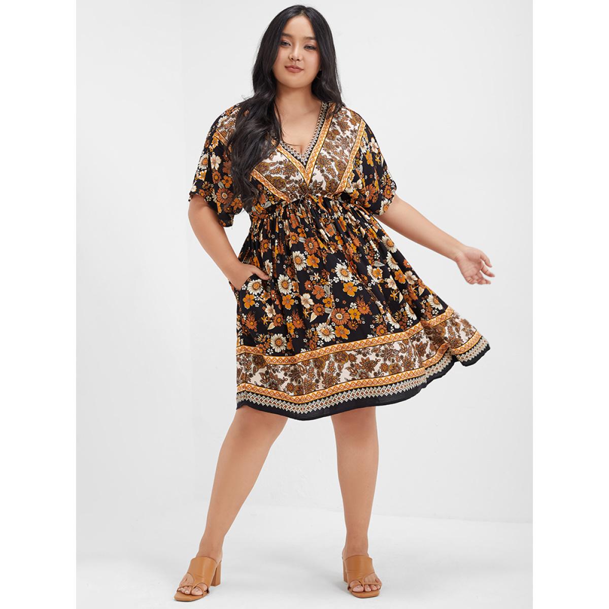 Plus Size Floral V Neck Elastic Waist Pocket Ruffles Knee Dress BlackFlower Women Vacation Printed V-neck Short sleeve Curvy Knee Dress BloomChic 10/M Product Image