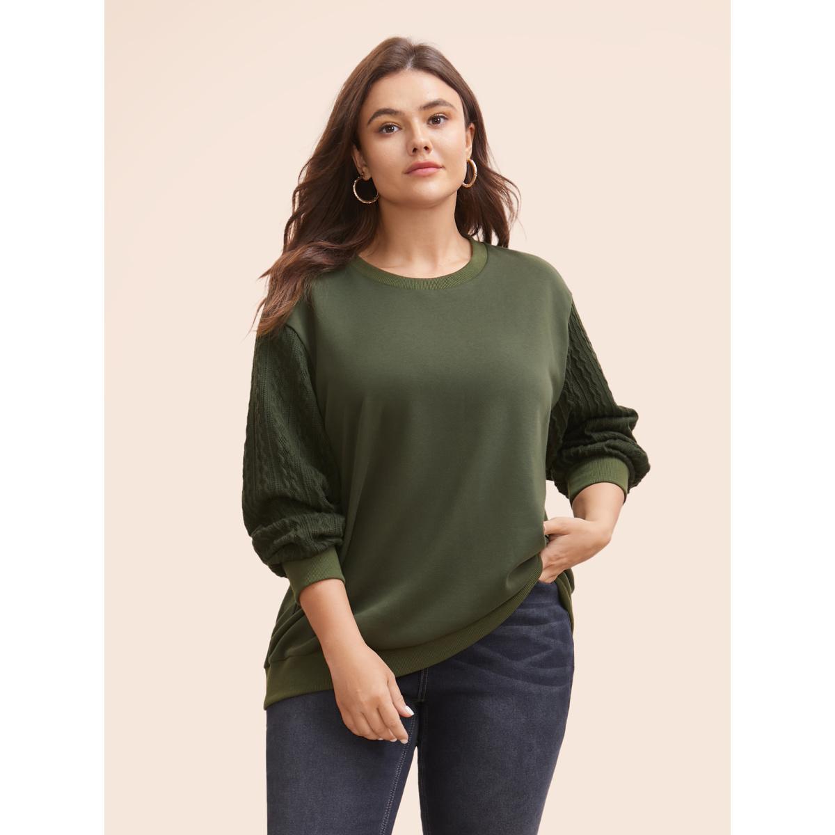 Plus Size Texture Patchwork Drop Shoulder Sleeve Sweatshirt Women DarkGreen Casual Texture Round Neck Everyday Sweatshirts BloomChic 12/L Product Image