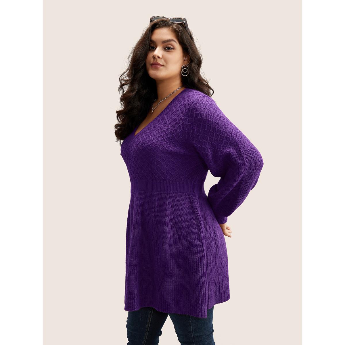 Plus Size Plain Plisse Lantern Sleeve A Line Pullover Eggplant Women Elegant Long Sleeve V-neck Everyday Pullovers BloomChic 12/L Product Image