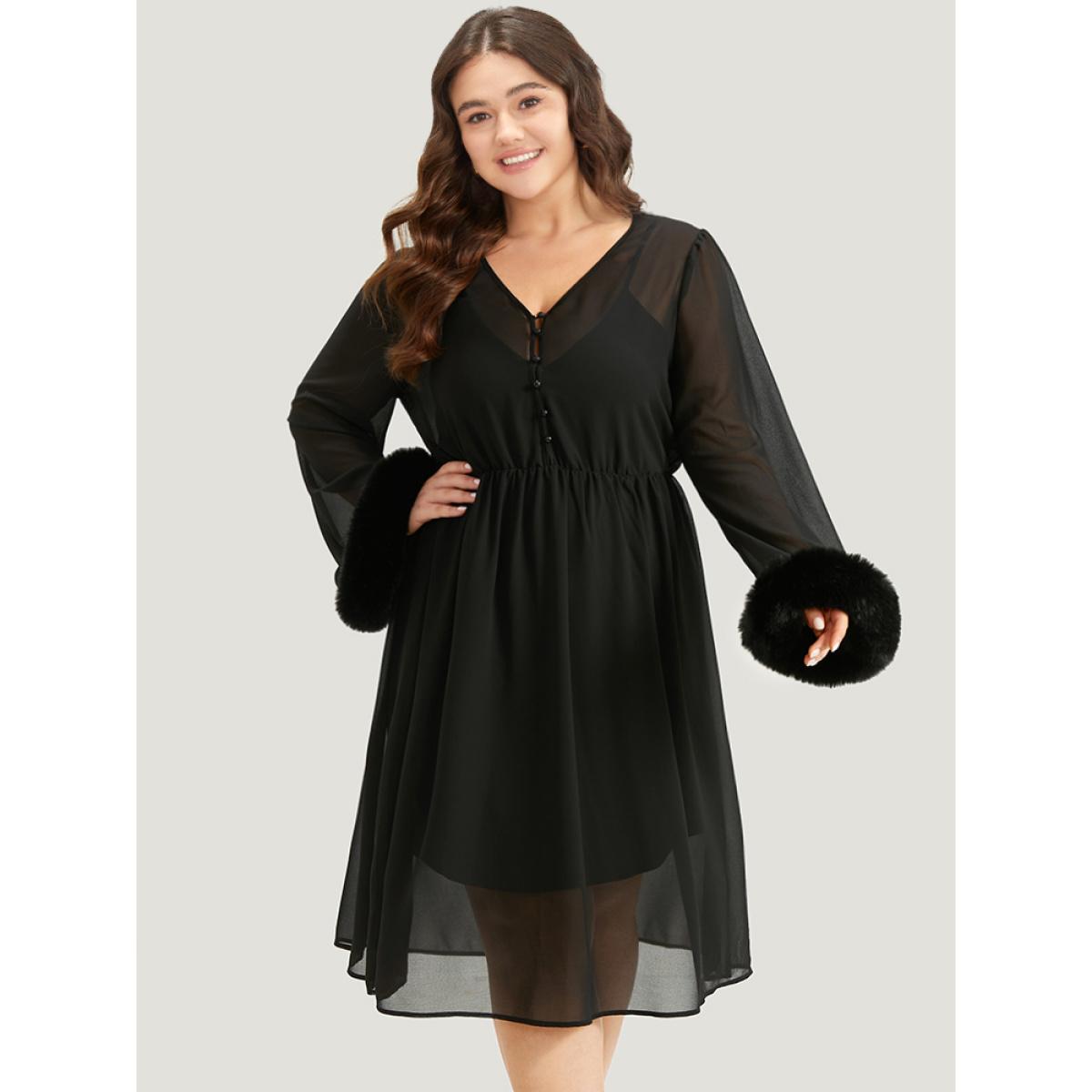 Plus Size Halloween Patchwork Chiffon Mesh Button Up Fuzzy Trim Dress Black Women Elegant Plain V-neck Long Sleeve Curvy Midi Dress BloomChic 18-20/2X Product Image