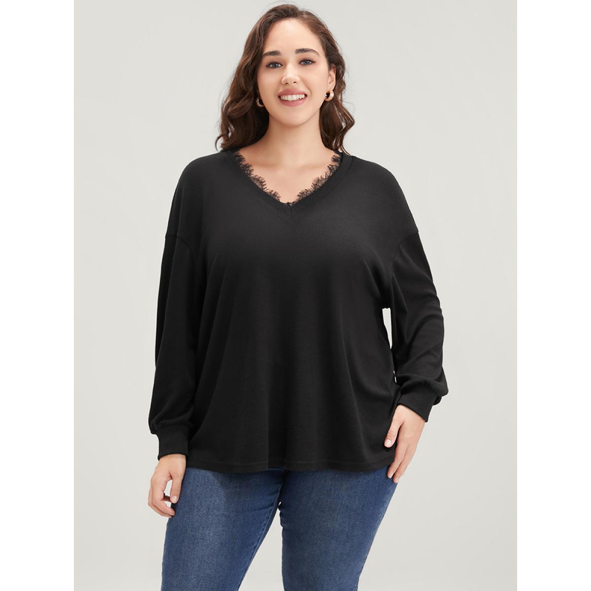 Plus Size Solid V Neck Lace Trim Drop Shoulder Sweatshirt Women Black Elegant Lace V-neck Dailywear Sweatshirts BloomChic 30/6X Product Image