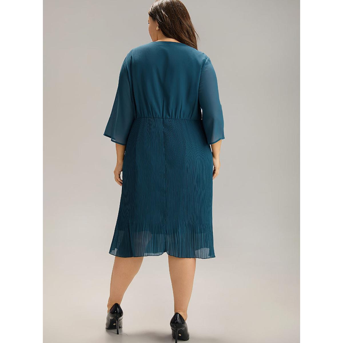 Plus Size Plain Chiffon Pleated V Neck Mesh Dress Cerulean Women Office See through V-neck Elbow-length sleeve Curvy Midi Dress BloomChic 18-20/2X Product Image
