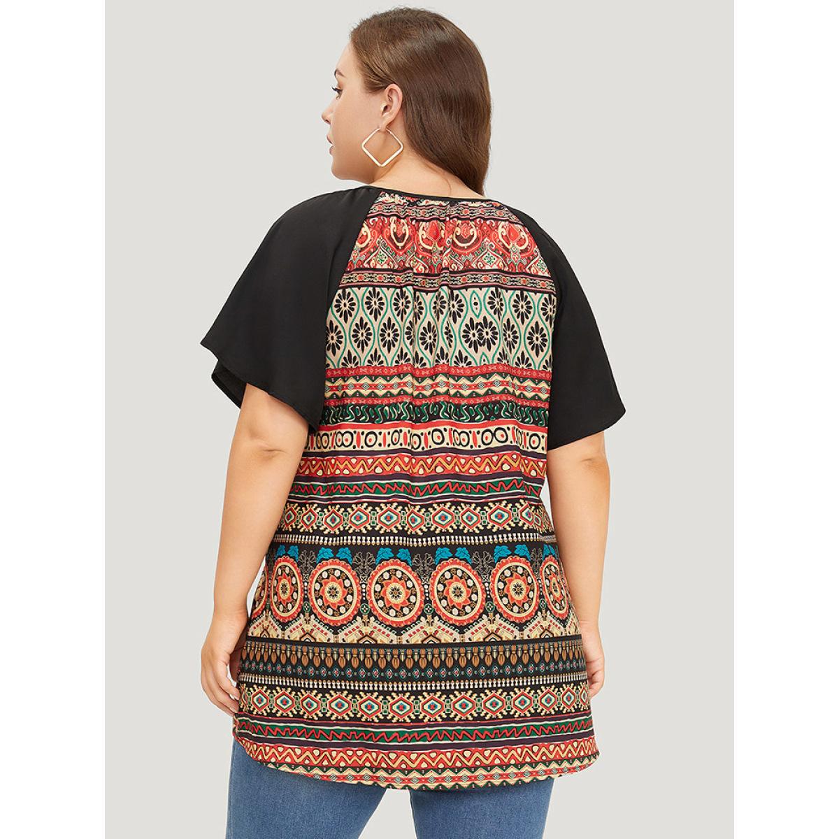 Plus Size Multicolor Moroccan Print Raglan Sleeve Tassels Tie Neck Blouse Women Vacation Short sleeve Tie Neck Dailywear Blouses BloomChic 22-24/3X Product Image
